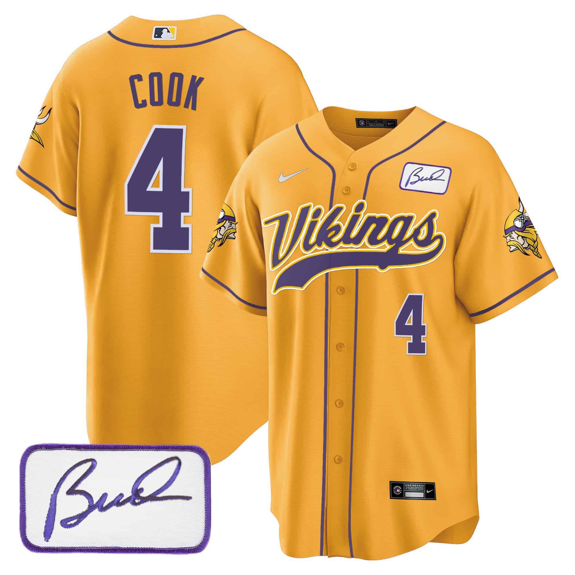 Men Minnesota Vikings #4 Cook Yellow 2024 Nike Bud Grant Patch Classic Baseball NFL Jersey->indianapolis colts->NFL Jersey